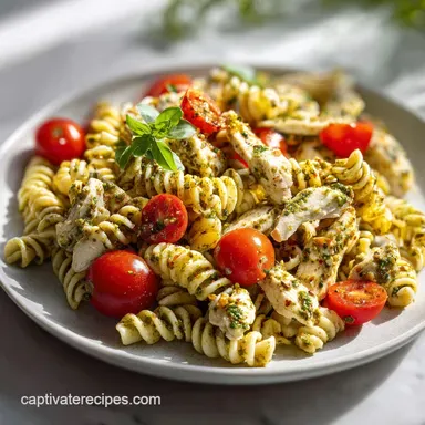 Quick Chicken Pesto Pasta Salad with Cherry Tomatoes in 15 Minutes: One-Pot Method Recipe Card