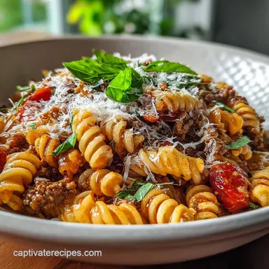 High Protein Creamy Beef Pasta for 4 Servings Recipe Card