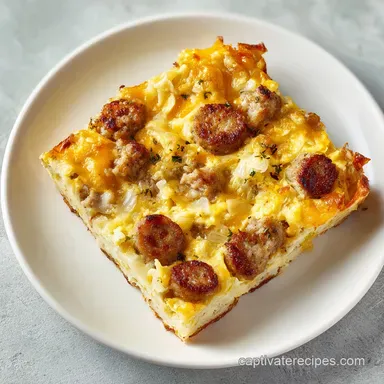 Sausage Egg Cream Cheese Hash Brown Casserole for 10 Servings Recipe Card