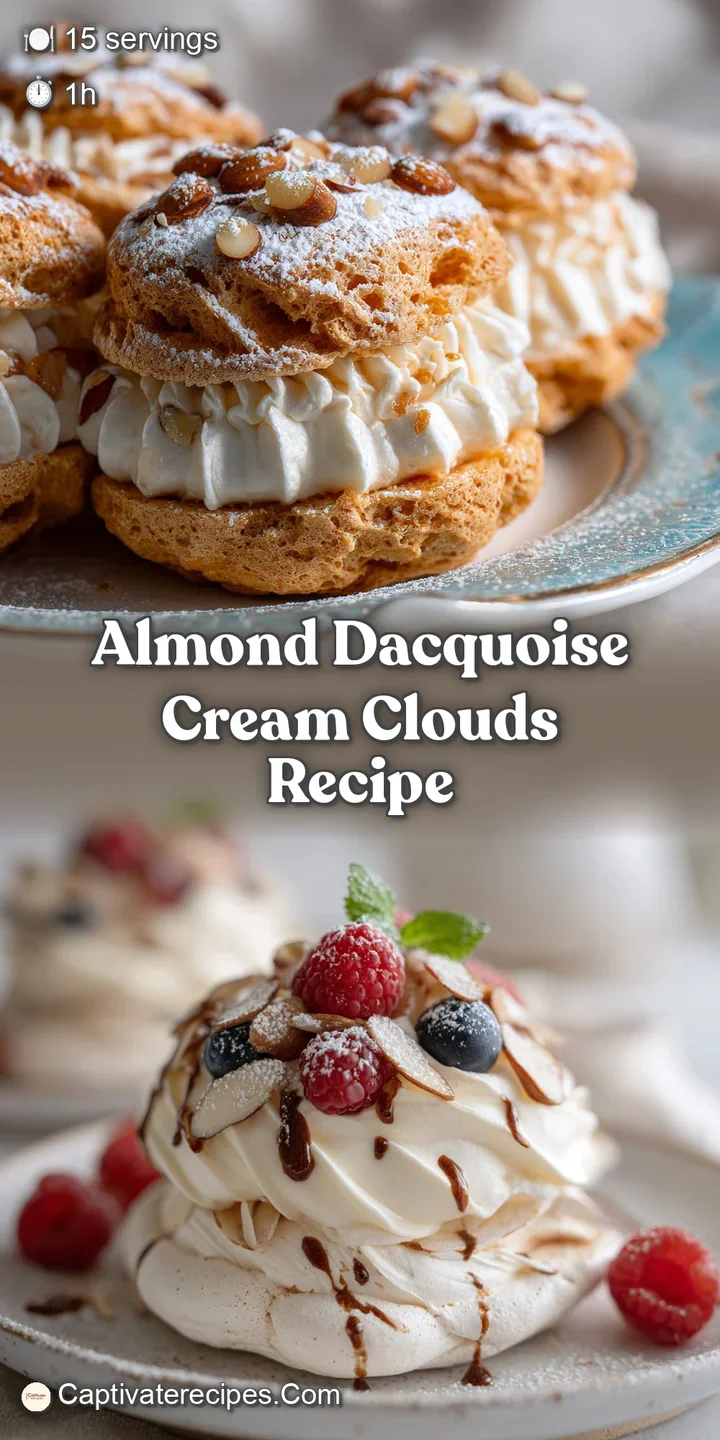 Close-up of a light and airy almond meringue. Toasted almond slivers catch the light. Creamy filling peeks through the lay...