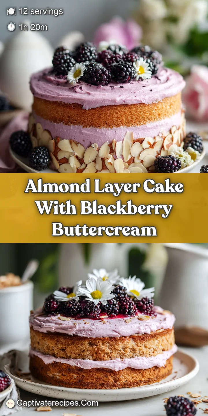 Close-up of the almond cake's textured buttercream frosting, studded with juicy, dark purple blackberries. Soft, inviting ...