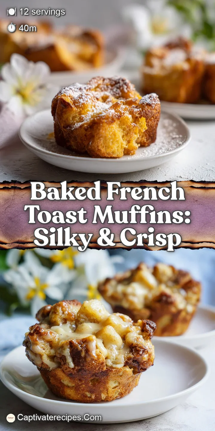 Close-up of a warm, golden French toast muffin with a soft, custardy center. Lightly dusted with confectioner's sugar.