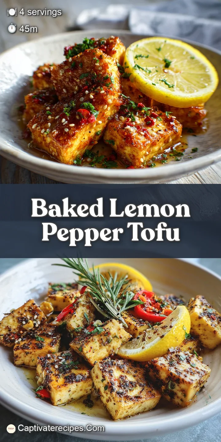 Close-up of glistening, pepper-crusted baked tofu; bright lemon peel hints at zesty, savory flavor in every bite.