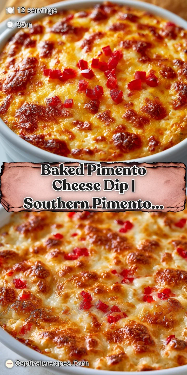 Close-up of creamy, molten orange cheese with melted red pimentos and a glistening golden crust on top.