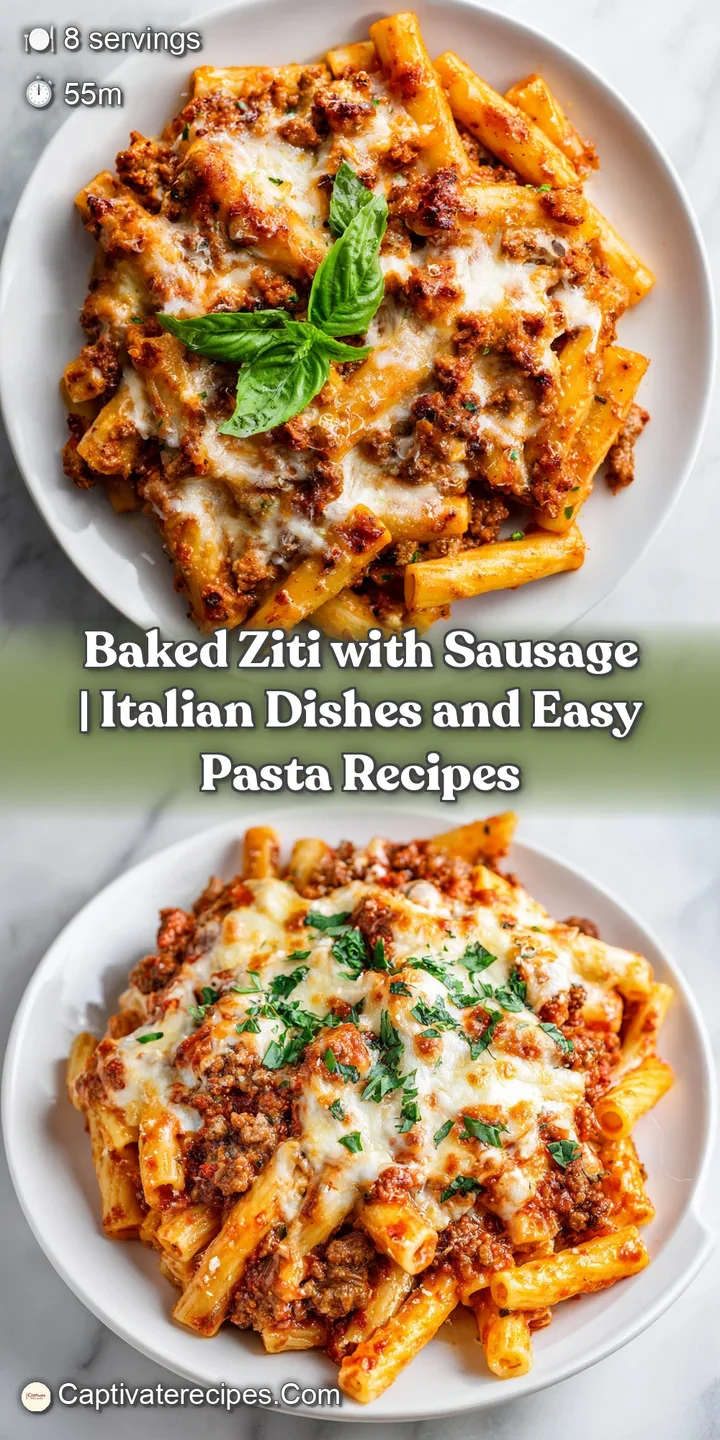 Close-up of tender ziti noodles coated in a luscious, creamy ricotta and sausage sauce, topped with melted mozzarella and ...