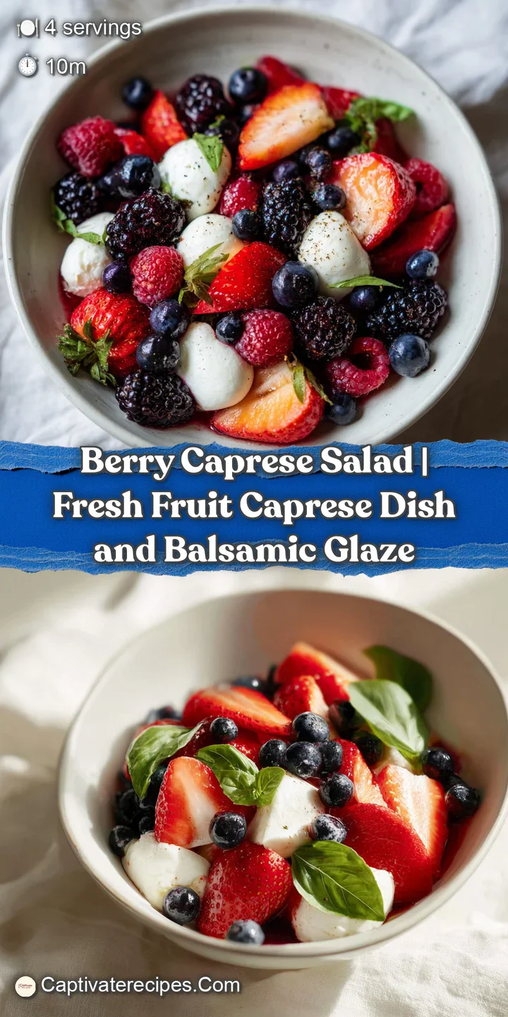 Close-up of juicy red strawberries and plump blueberries nestled among soft white mozzarella and bright green basil.