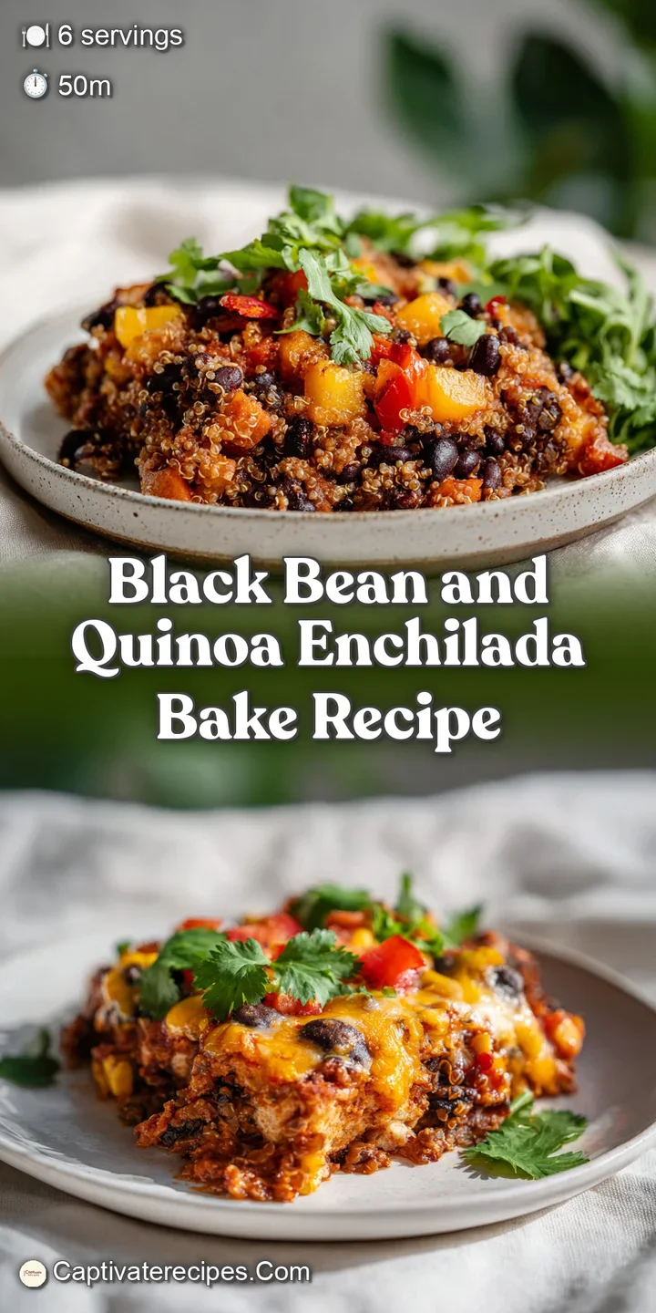 Close-up of a hearty black bean and quinoa bake, highlighting the vibrant mix of ingredients and bubbly, melted cheese on ...