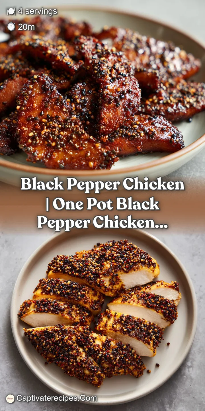 Close-up of glistening chicken pieces speckled with coarse black pepper and saut&eacute;ed onions in a savory dark sauce.