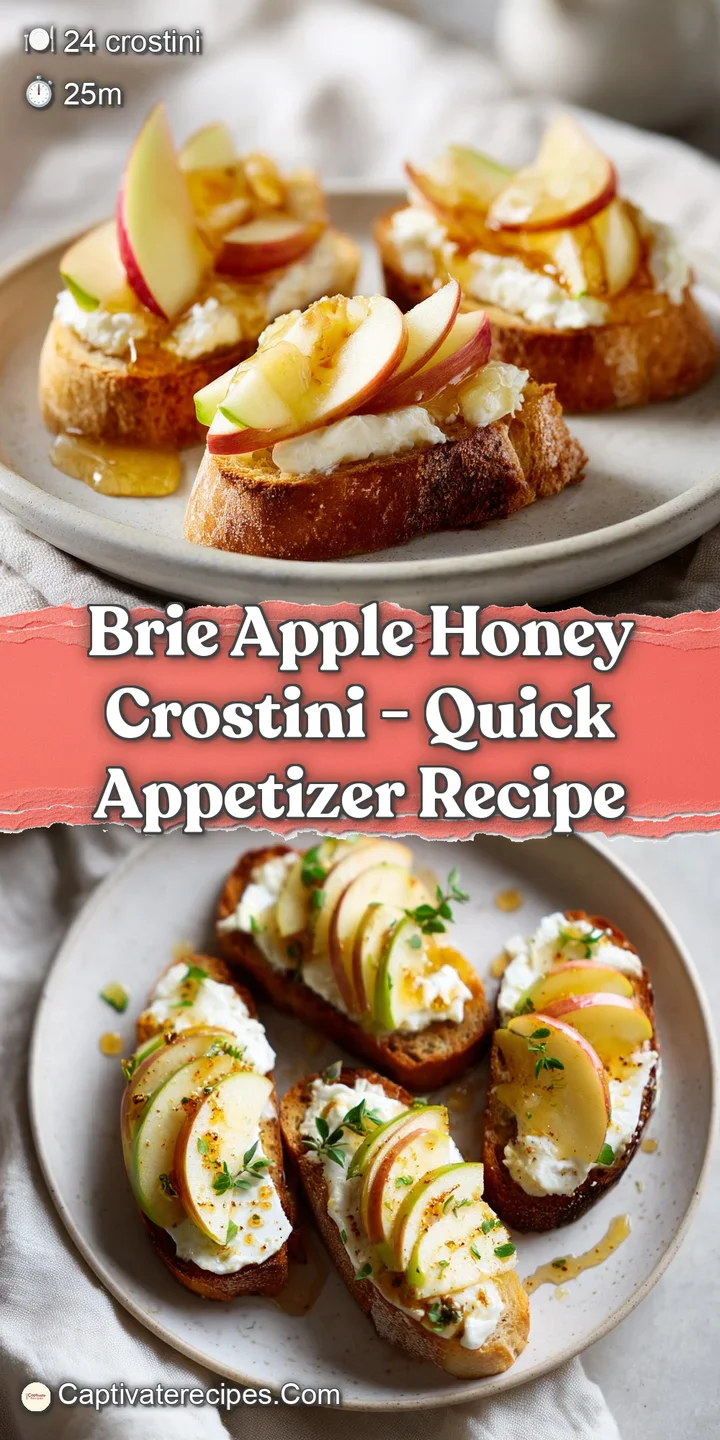 Close-up of a single crostini bite: creamy brie, crisp apple slice, and glistening honey create a tempting texture contrast.