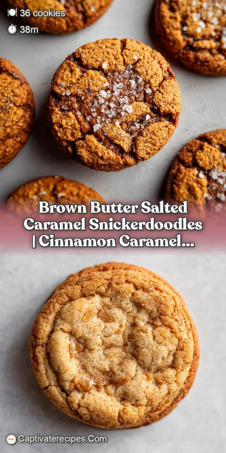 Close-up of a soft, chewy snickerdoodle. Visible caramel swirls and scattered salt crystals create a tempting, sweet-salty...