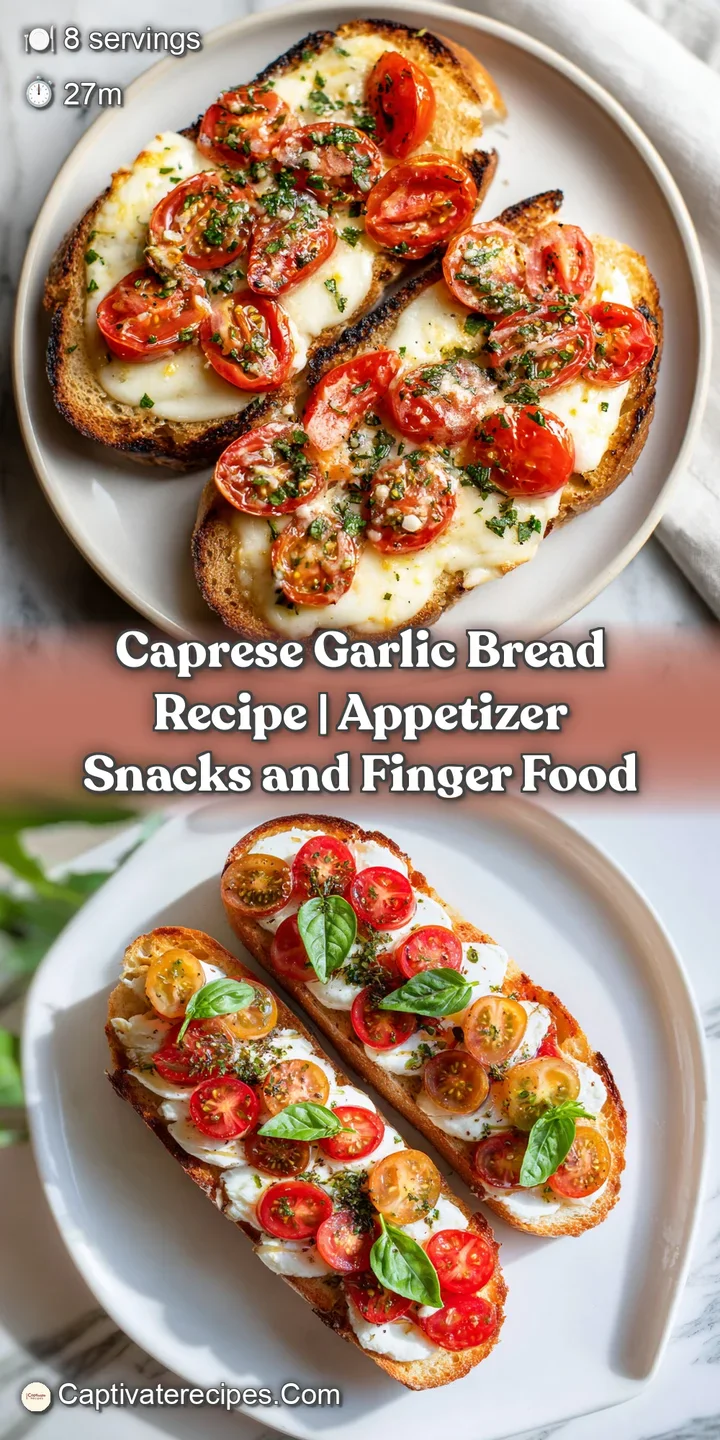 A tempting close-up reveals melted mozzarella, ripe tomato chunks, and toasted garlic bread, glistening under warm light.