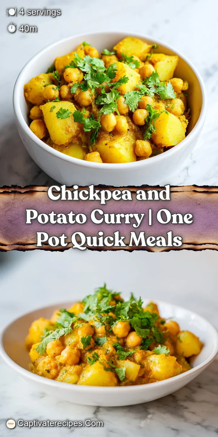 Close-up of hearty chunks of potato and chickpeas in a rich, velvety orange sauce with a sprinkle of fresh herbs.