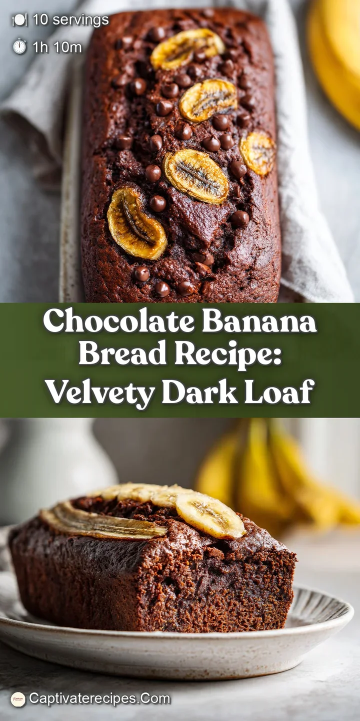 Close-up of fudgy chocolate banana bread, revealing a soft crumb with visible banana pieces; a tempting, slightly blurred ...