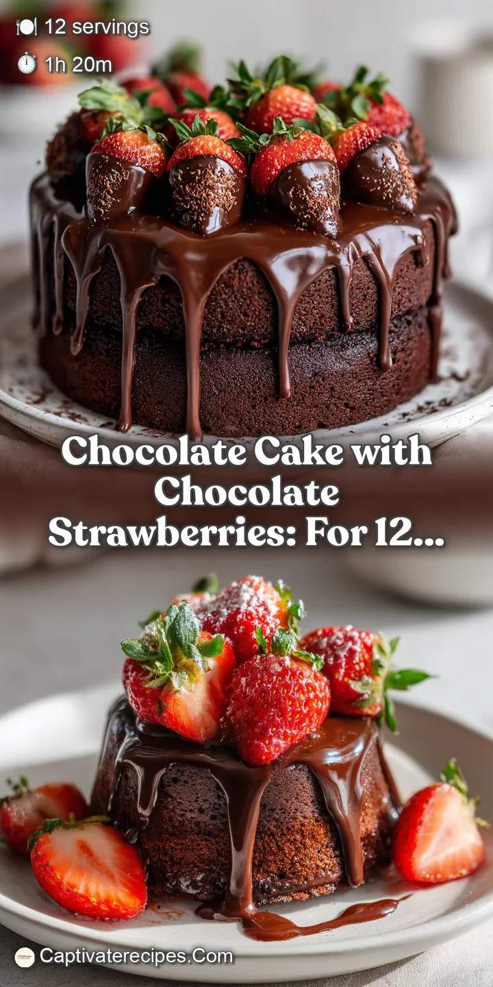 Close-up of dark, moist chocolate cake with fresh, bright red strawberries. Glazed chocolate drips temptingly down the side.