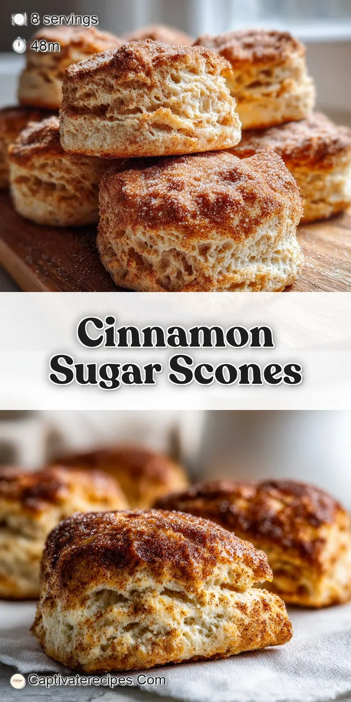 Close-up of a freshly baked scone: flaky layers glistening with melted butter and sparkling cinnamon sugar crystals.