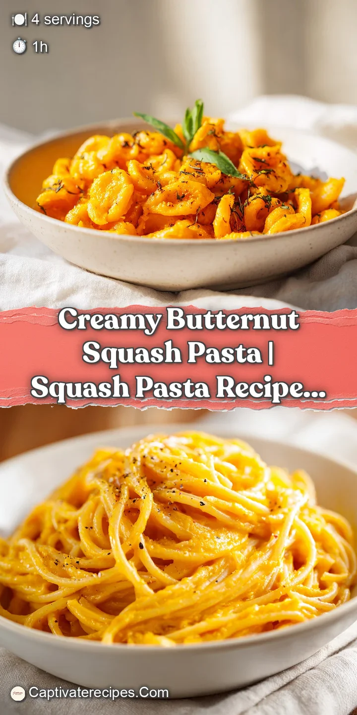 Close-up of tender pasta coated in velvety butternut squash sauce, with glistening roasted garlic cloves and flecks of gre...