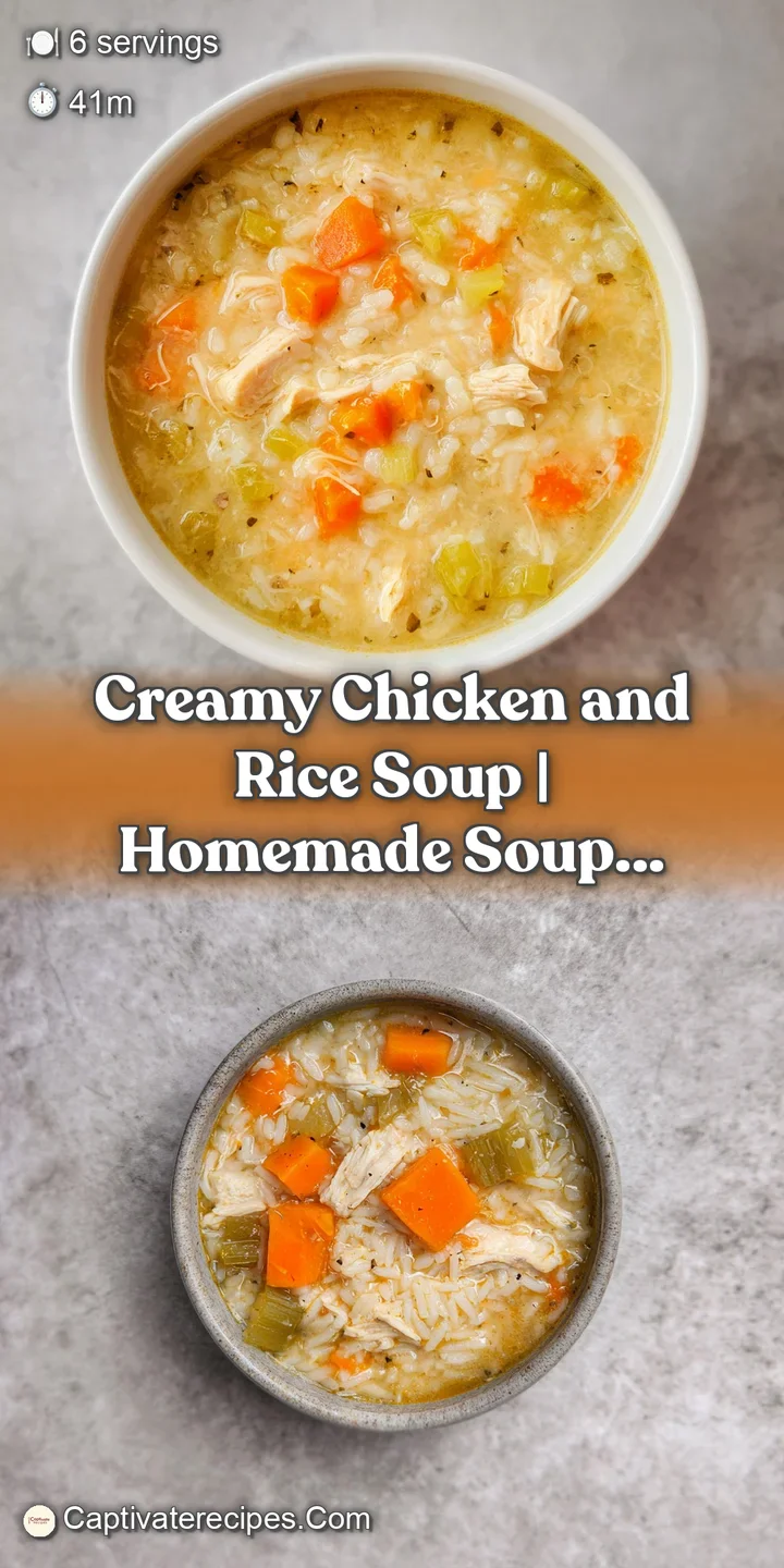 Extreme close-up of a creamy, pale yellow broth with tender pieces of chicken and soft grains of fluffy white rice.