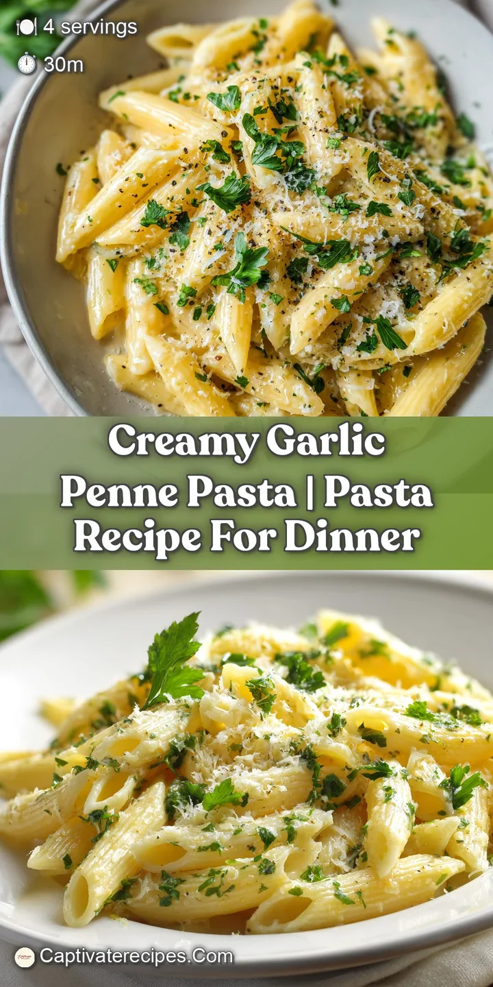 Close-up of velvety white sauce clinging to ridged penne pasta with a sprinkle of finely chopped green parsley.