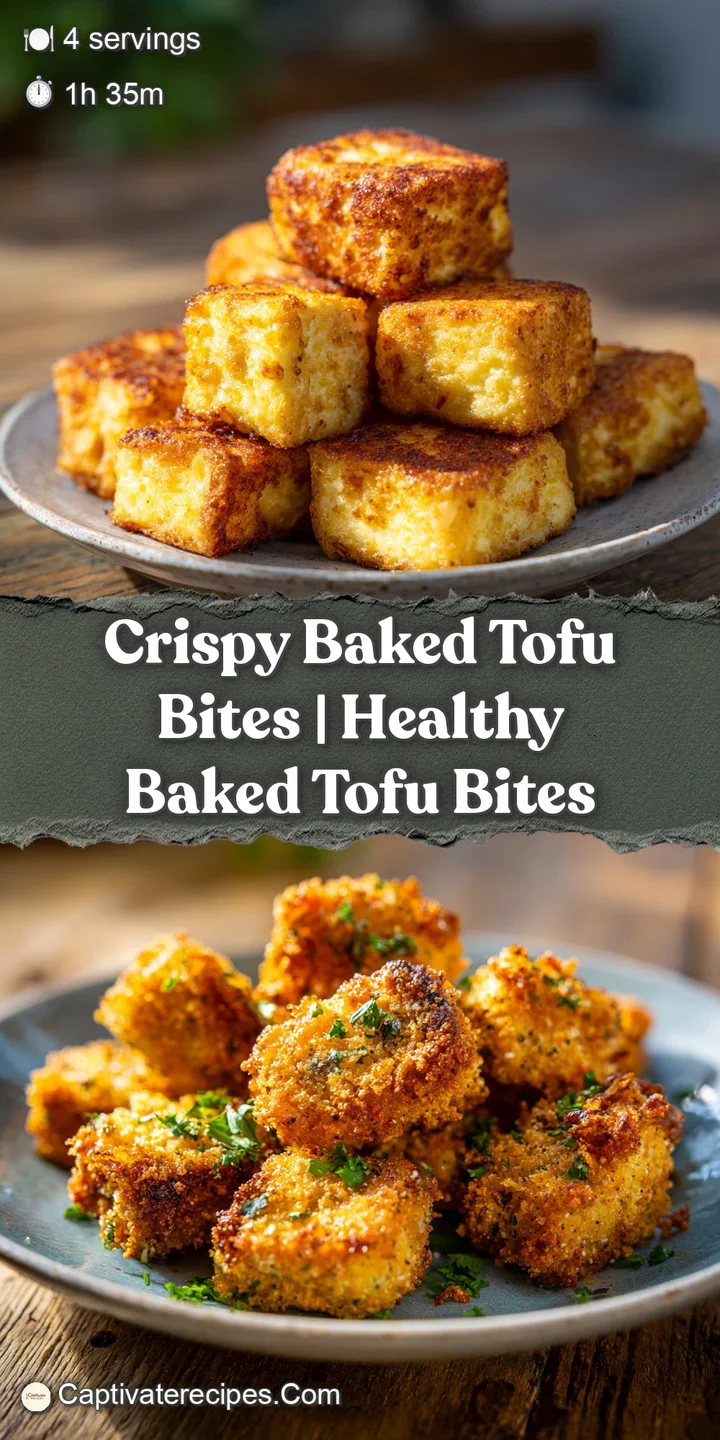 Close-up shot reveals the subtly textured, golden surface of a single baked tofu bite, hinting at its slightly chewy inter...