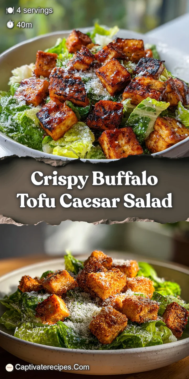 Close-up showing the textures of crispy buffalo tofu, creamy Caesar dressing, and fresh green romaine lettuce. Red pepper ...