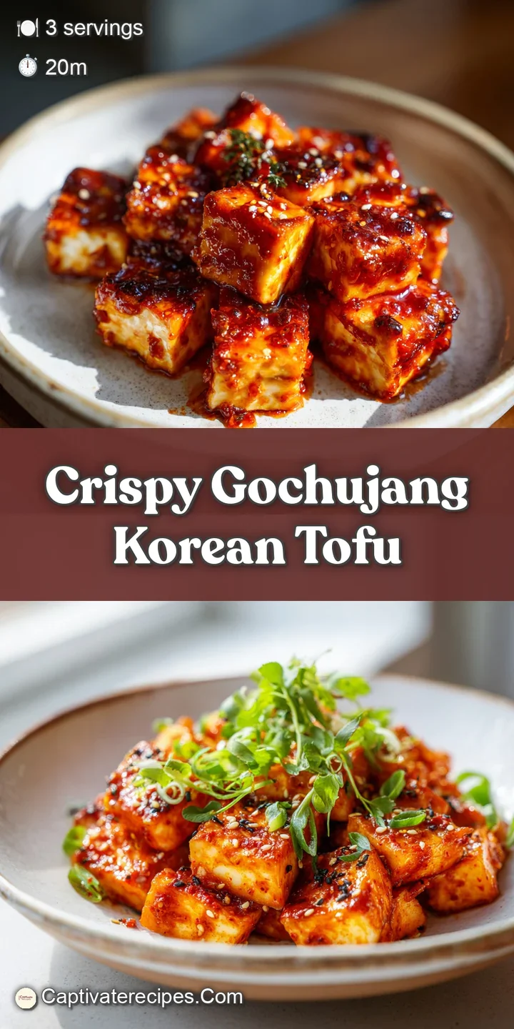 Close-up: shiny, lacquered tofu with a deep-red sheen, revealing the irresistible, textured crispness of the Korean-inspir...