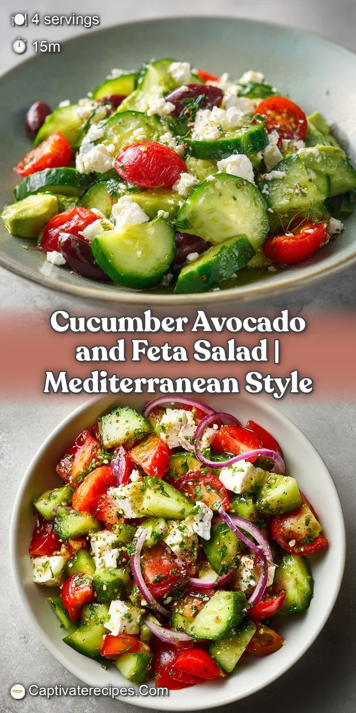 Close-up of cool, cubed avocado and sliced cucumber with white feta crumbles and a drizzle of olive oil.