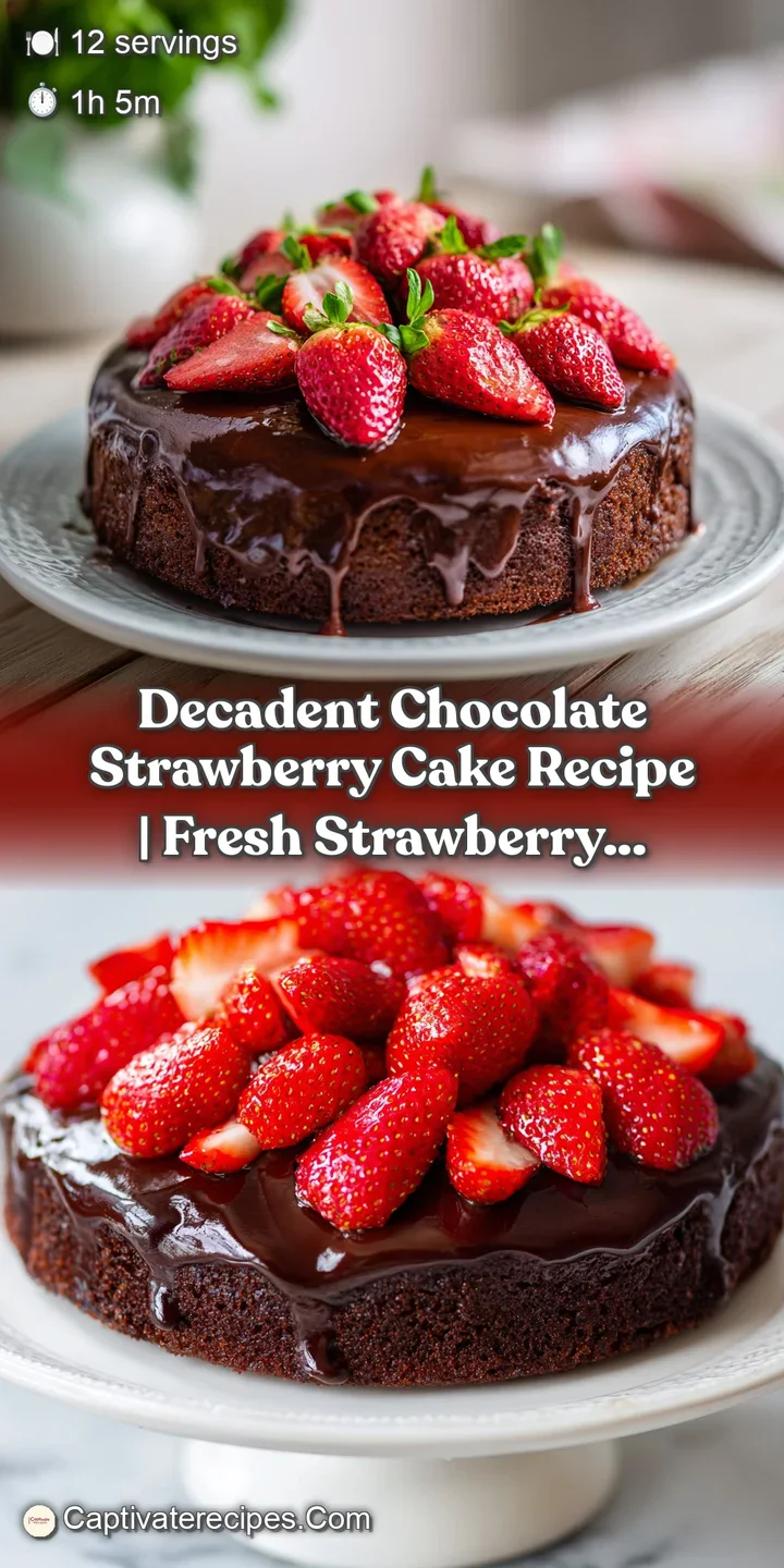 Close-up reveals glossy chocolate glaze dripping down the side of a strawberry-studded chocolate cake. Visible moist cake ...