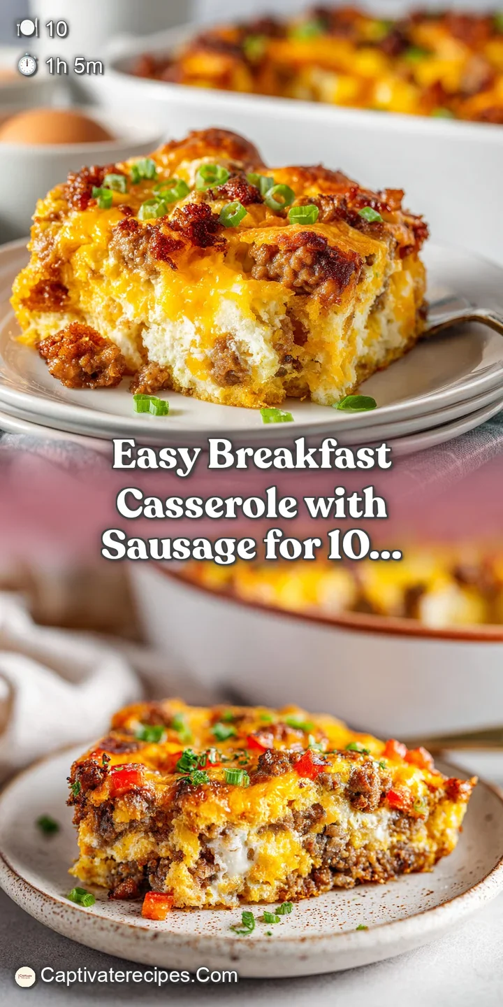 Close-up of a cheesy breakfast casserole: Crusty top with bubbling cheese, visible sausage chunks and vibrant vegetables.