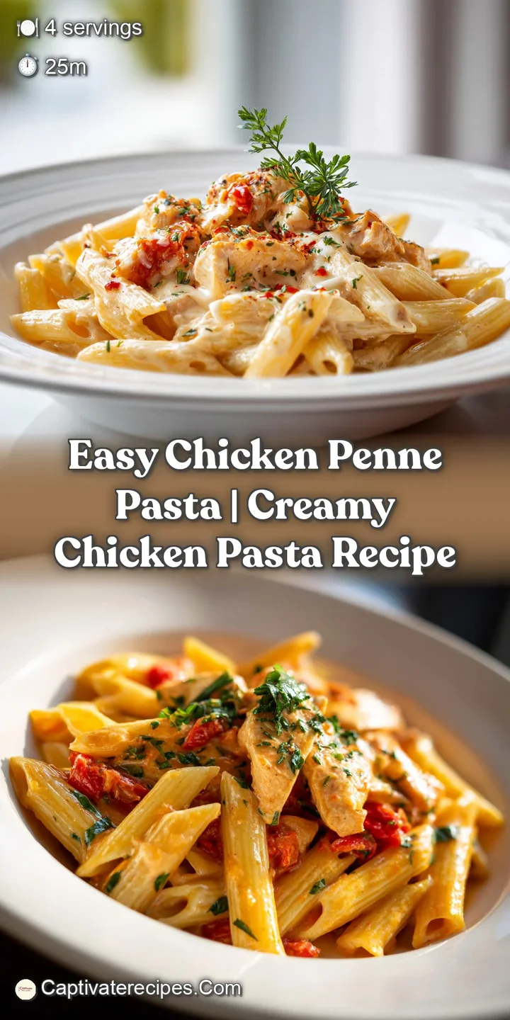 Close-up shows perfectly cooked penne coated in rich, creamy sauce with juicy chicken pieces. Glistening, appetizing, and ...