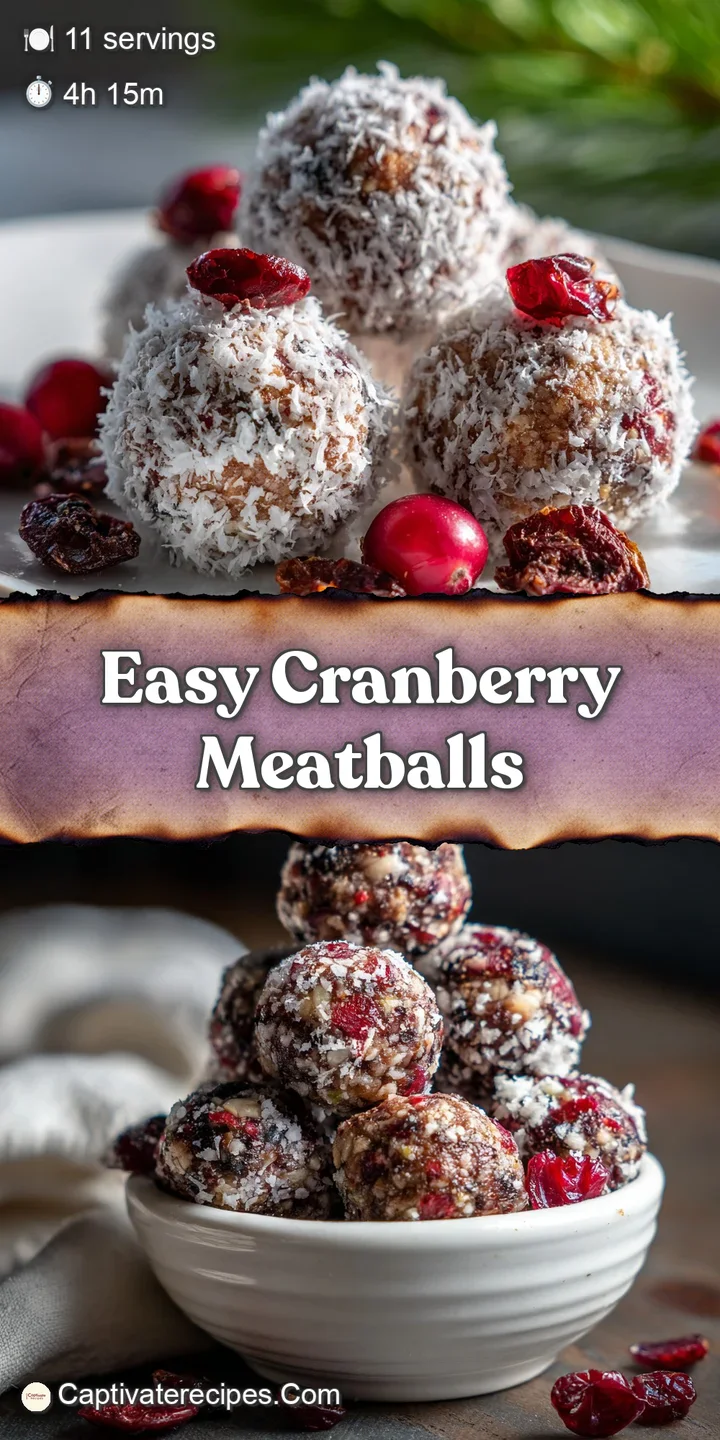 Close-up of plump, juicy cranberry meatballs coated in a thick, glossy sauce, dotted with vibrant cranberries.