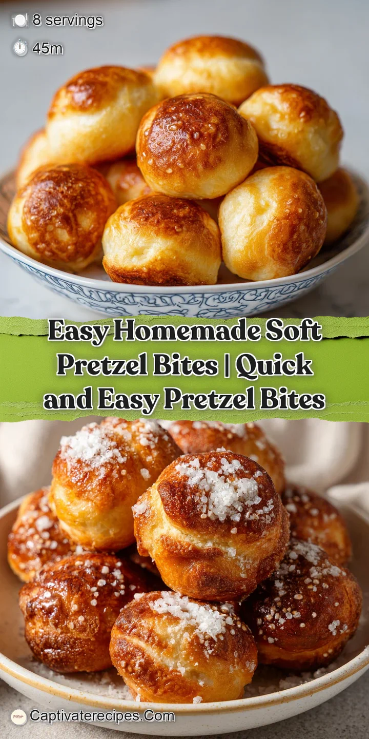 Close-up of glistening, warm pretzel bites, showing the slightly cracked surface and generous salt crystals. Inviting, del...