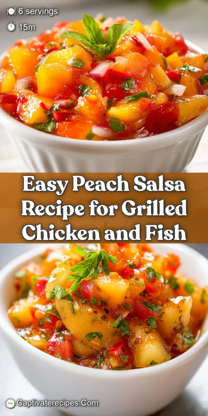 Close-up of a spoonful of peach salsa, highlighting the glistening diced peaches, chopped cilantro, and bits of red onion.