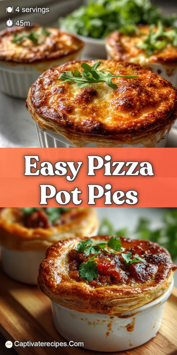 Close-up of a bubbly, golden-brown pizza pot pie, crust slightly cracked, revealing melted cheese and colorful toppings.