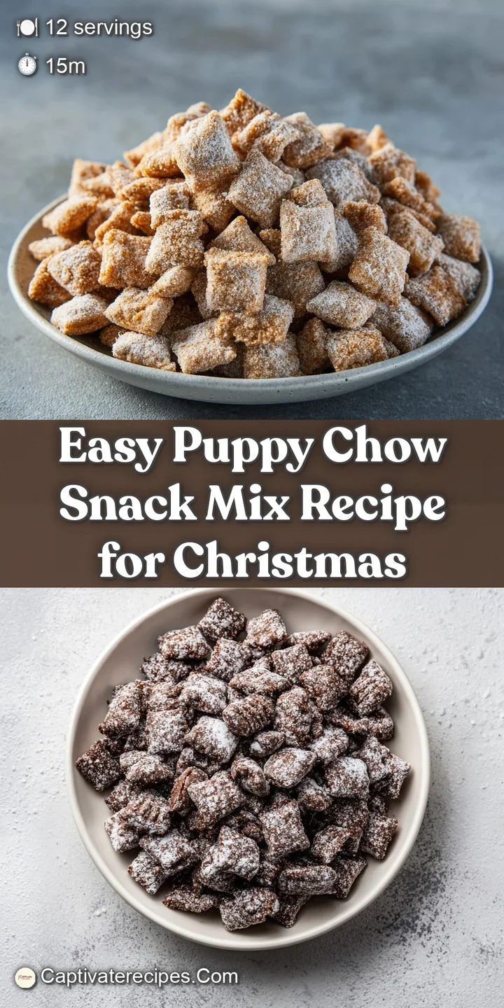 Close-up of Puppy Chow snack mix showing individual chocolate and peanut butter covered cereal squares. Sweet, powdery coa...