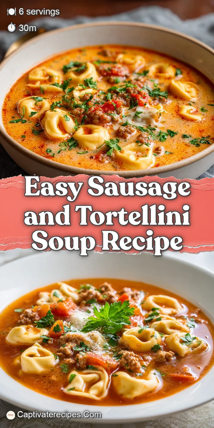 Close-up of rich, creamy tortellini soup. Plump tortellini, browned sausage, and vibrant spinach create a hearty, flavorfu...