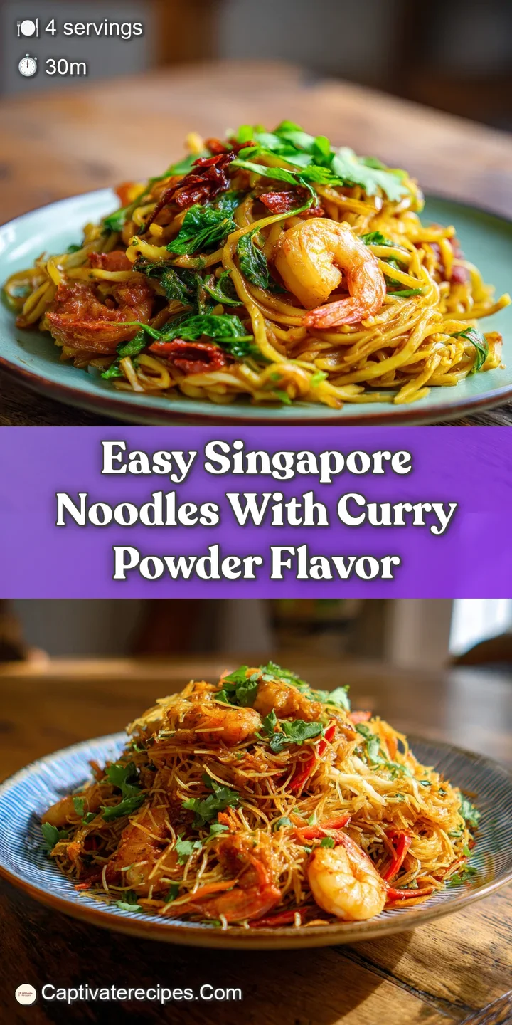 Close-up of glistening Singapore noodles showcasing textures: tender shrimp, crisp-tender vegetables, and perfectly coated...