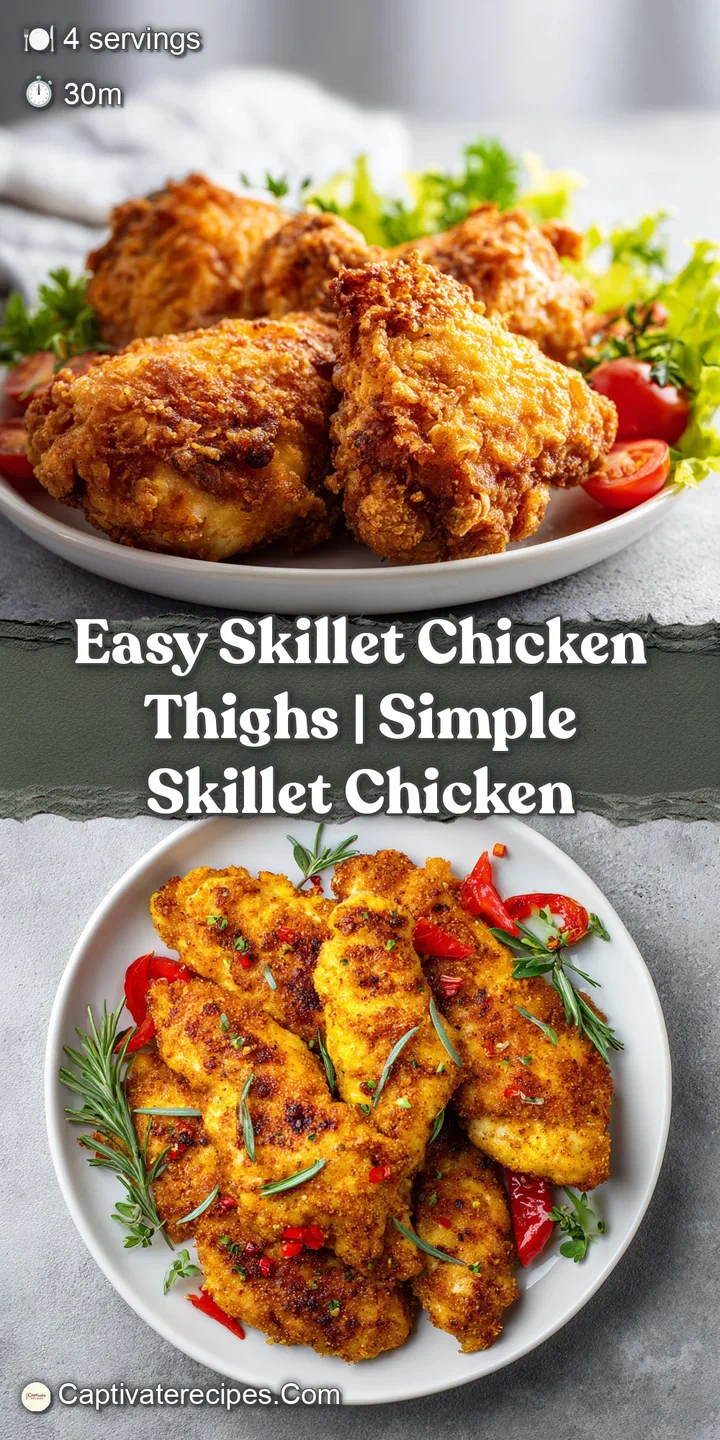 Close-up of a perfectly seared chicken thigh, glistening with savory juices. The crispy skin shows golden brown perfection...