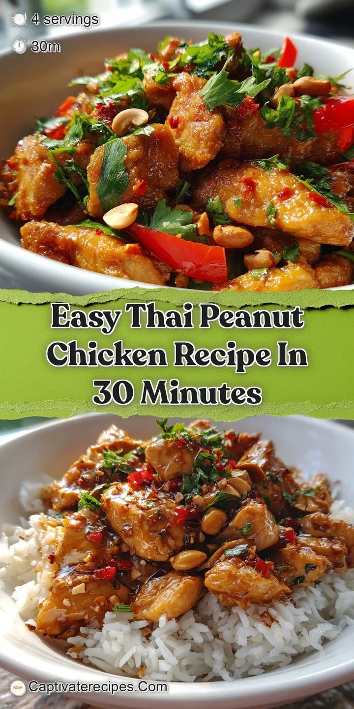 Close-up of glistening Thai peanut chicken showing textured peanuts and fresh herbs, capturing the dish's rich, inviting a...