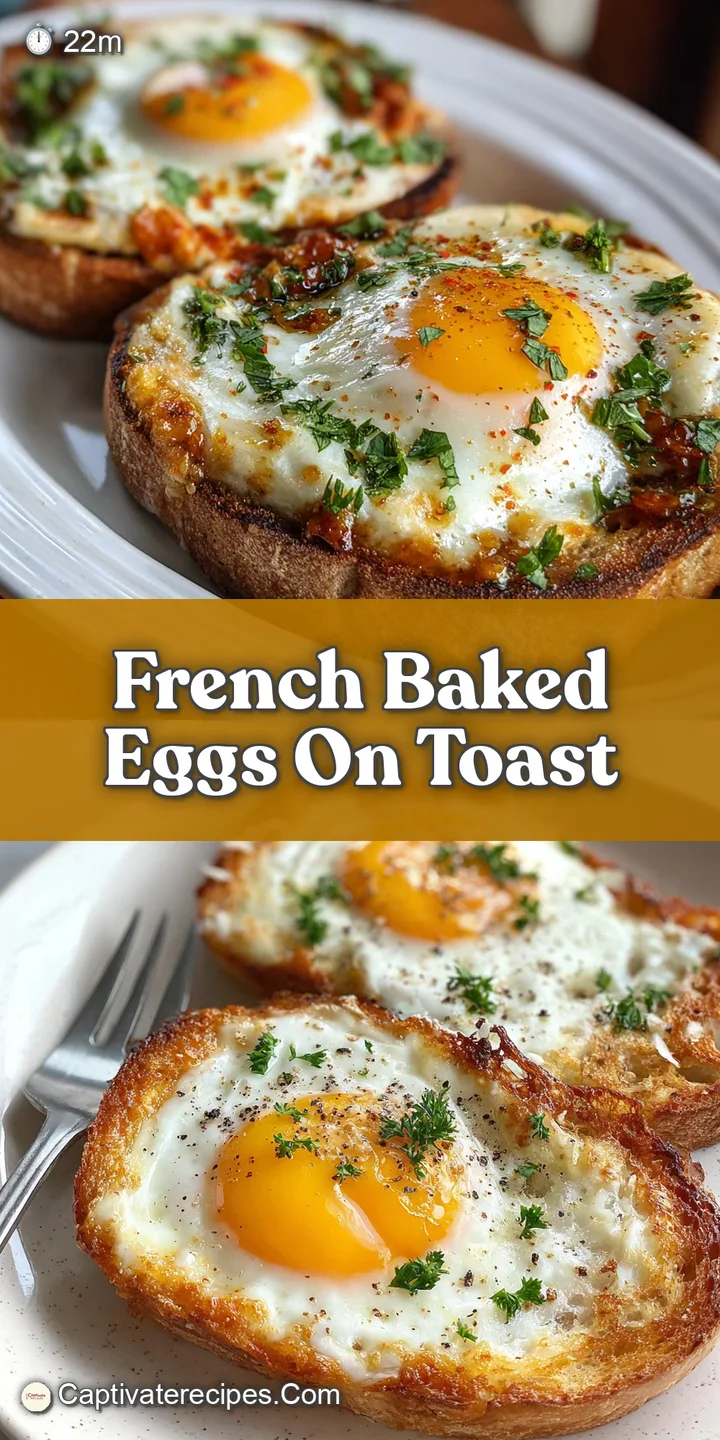 Close-up of a runny egg yolk oozing from baked eggs on crispy toast. Herbs and melted cheese add color, tempting bite.