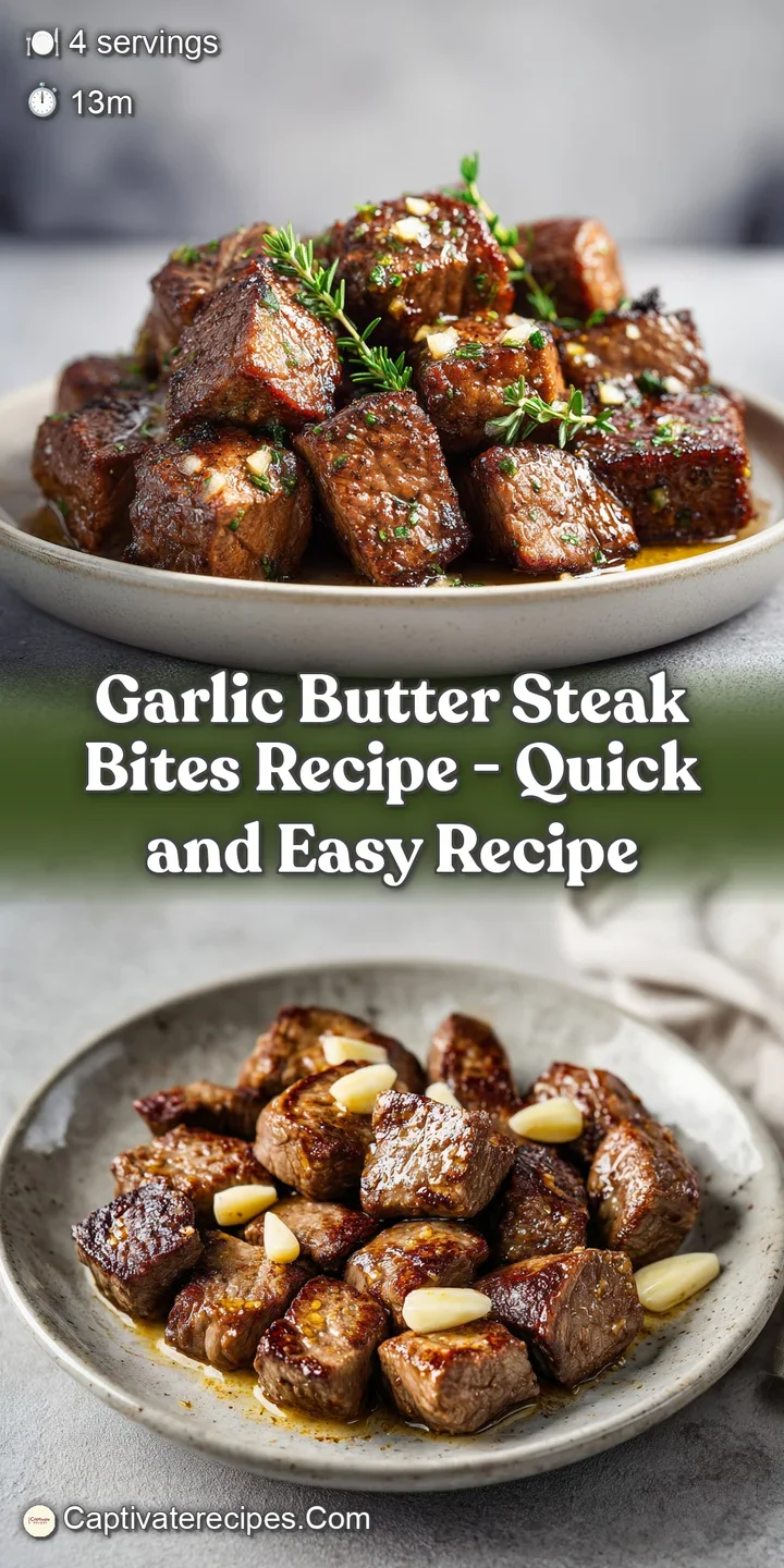 Close-up of charred steak bites with a glossy butter glaze and toasted garlic bits, showing a juicy interior