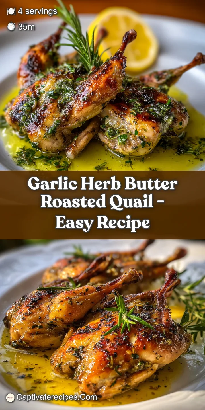 Close-up: Juicy roasted quail, crisp skin flecked with garlic and herbs. Steam rises, promising savory flavors in every bite.