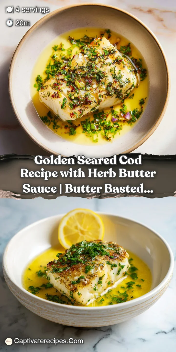 Close-up of a tender, seared cod fillet, rich with melted herb butter, showing delicate flaky texture.