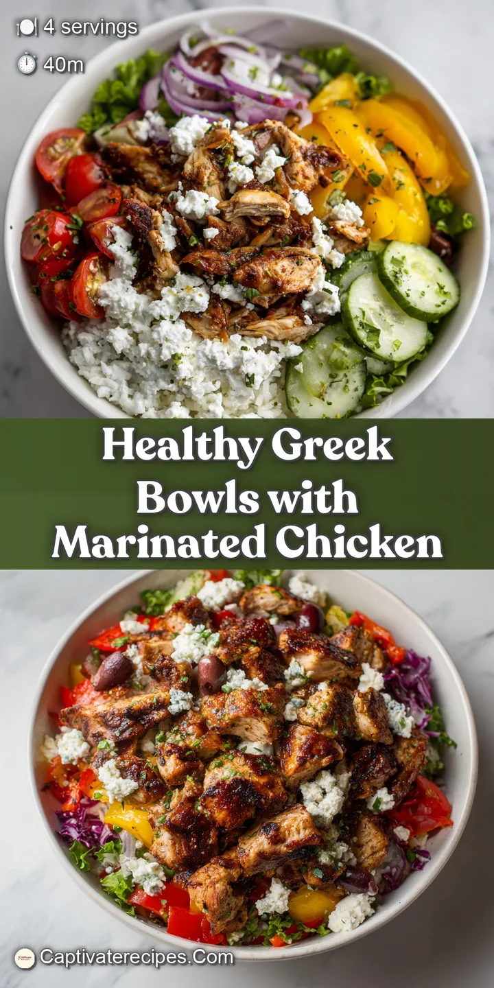 Close-up of juicy, marinated chicken in a Greek bowl. Feta crumbles and fresh dill enhance the appetizing texture.
