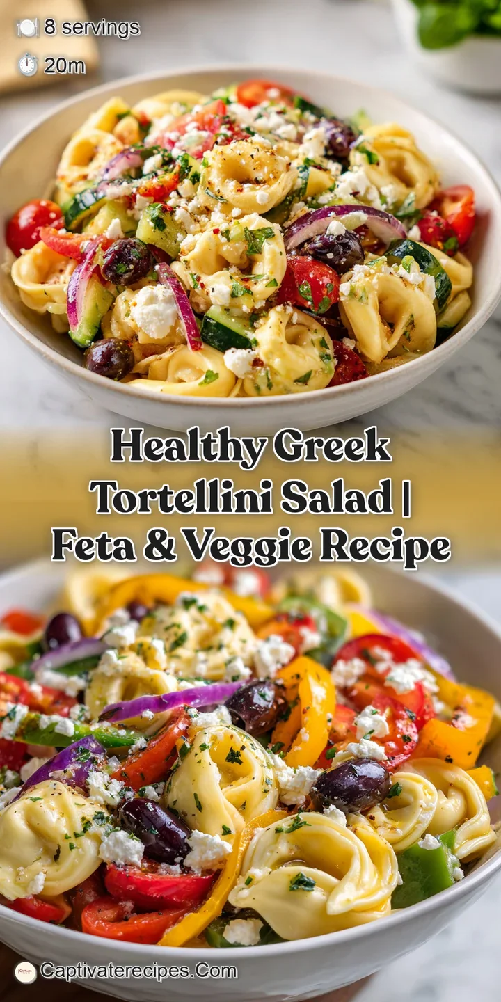 Close-up view of Greek tortellini salad highlighting the textures of cheese-filled pasta and crisp, juicy vegetables.