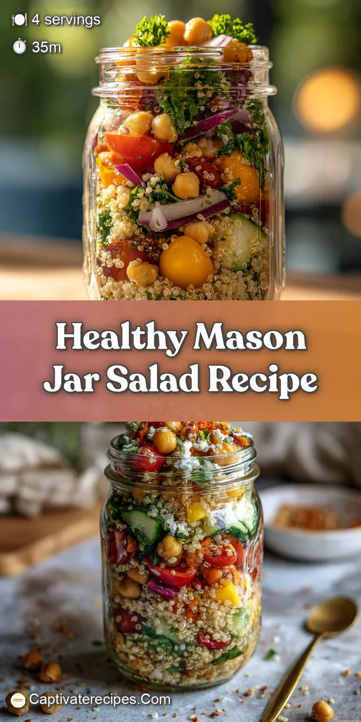 Close-up of a mason jar salad: showcases the fresh, crisp texture of the greens and colorful vegetables, drizzled in dress...