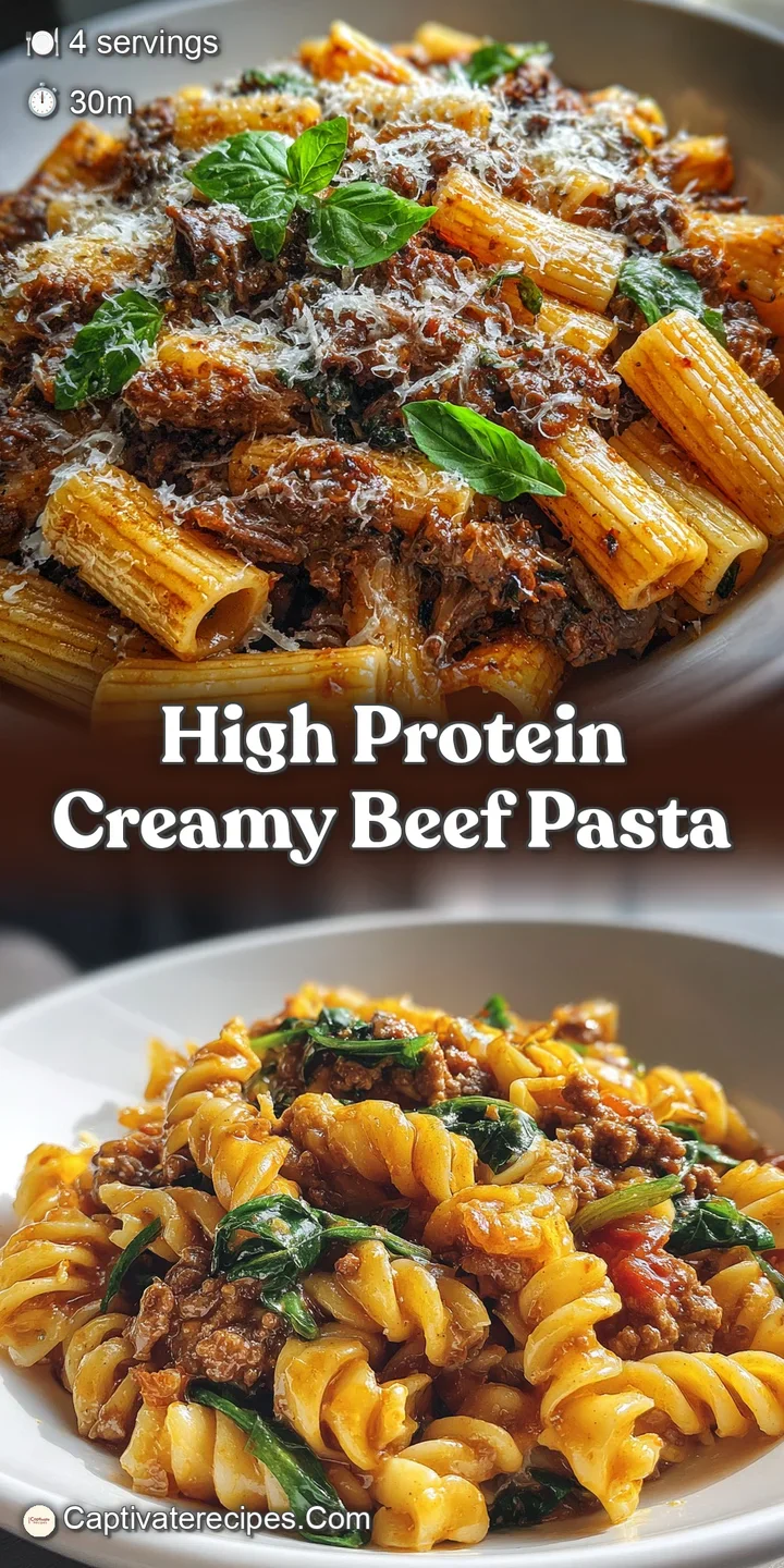 Close-up shows tender beef pieces in a rich, creamy sauce clinging to pasta. A dusting of cheese adds visual appeal.