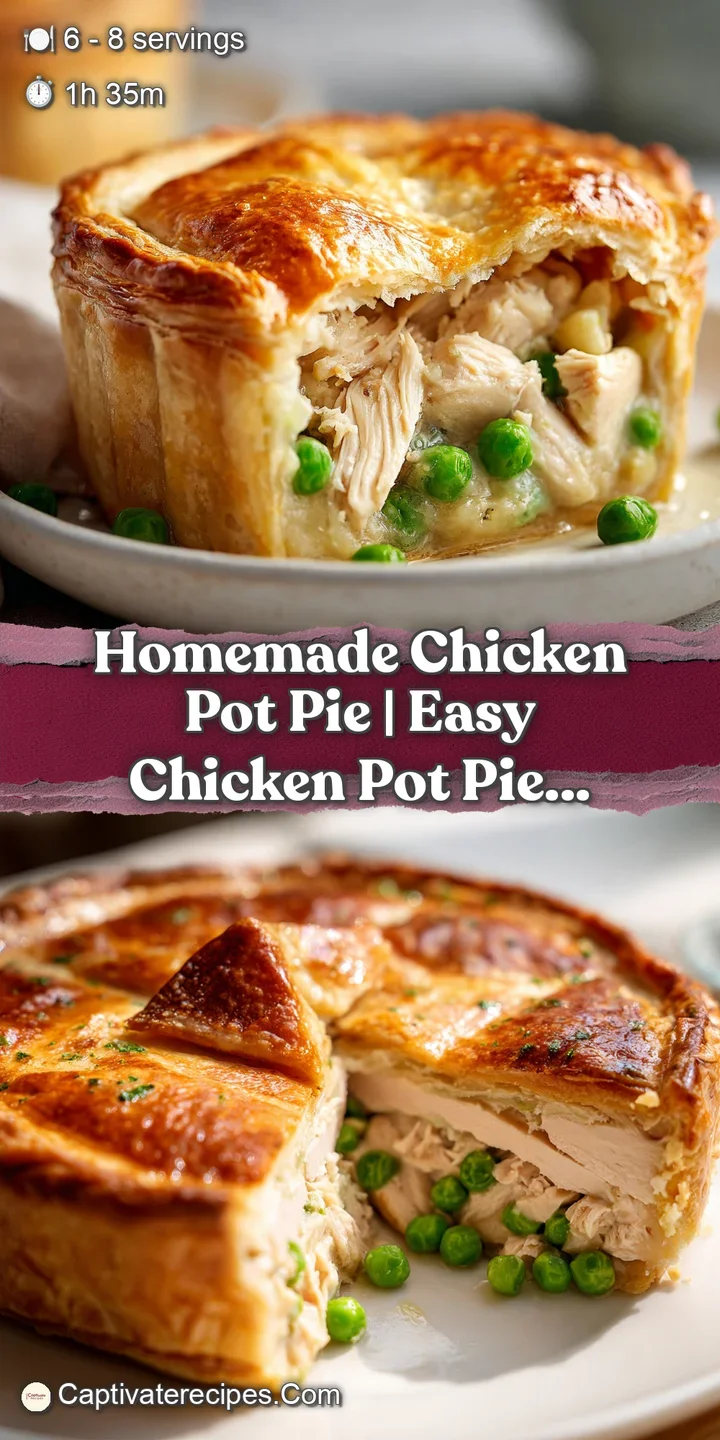 Close-up of a buttery, cracked pastry crust revealing a thick, creamy filling of tender chicken and bright peas.