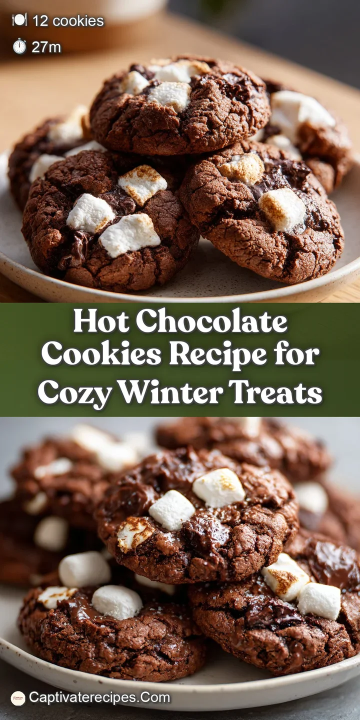 Close-up showing a soft, fudgy hot chocolate cookie with a crackled top, hinting at warmth and rich chocolate flavor.