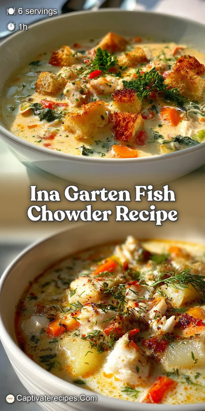 Close-up of luscious, ivory chowder featuring tender flaky fish, tender potatoes, and flecks of green herbs.