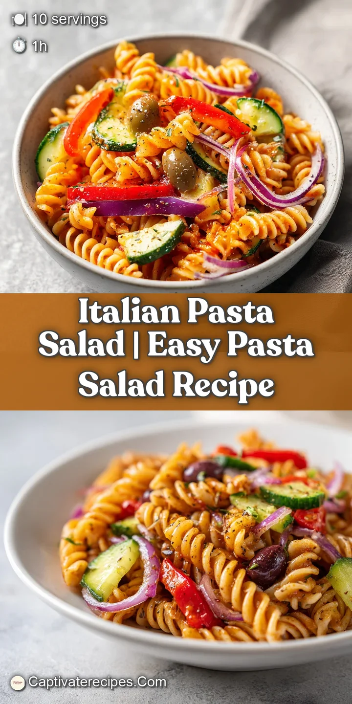 Close-up of glossy rotini pasta coated in dressing, accented by bright red peppers and creamy white feta crumbles.